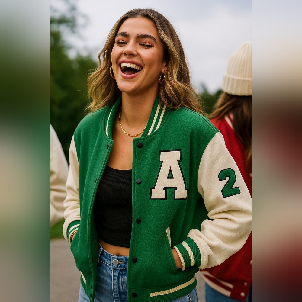 Green Varsity Jacket with Cream Sleeves
